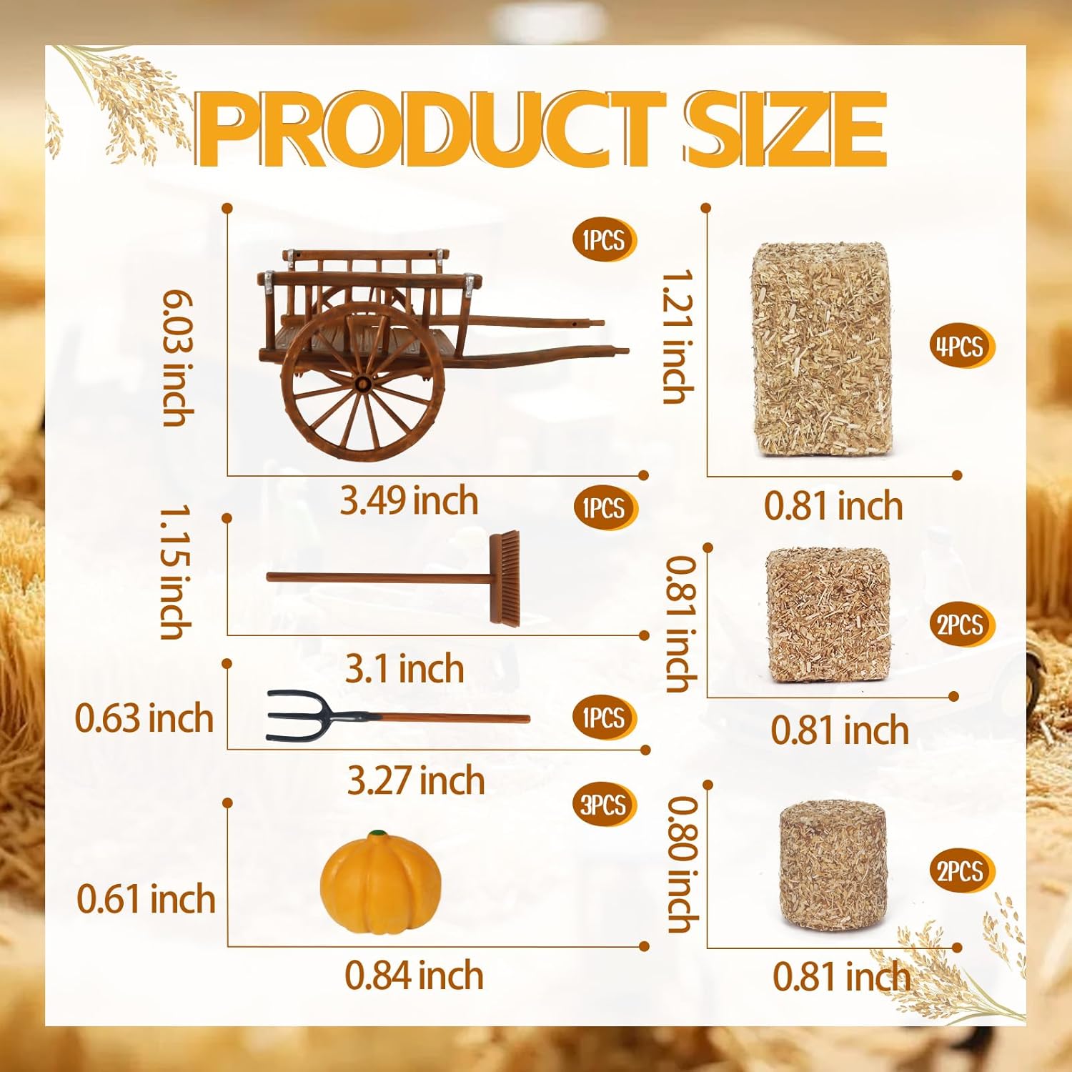 Hiawbon 14Pcs Mini Hay Bales Set, Miniature Farming Cart Straw Hay Miniatures Pumpkins, Simulation Cart Farm Model for Western Decoration Autumn Harvest Wedding - Image 2
