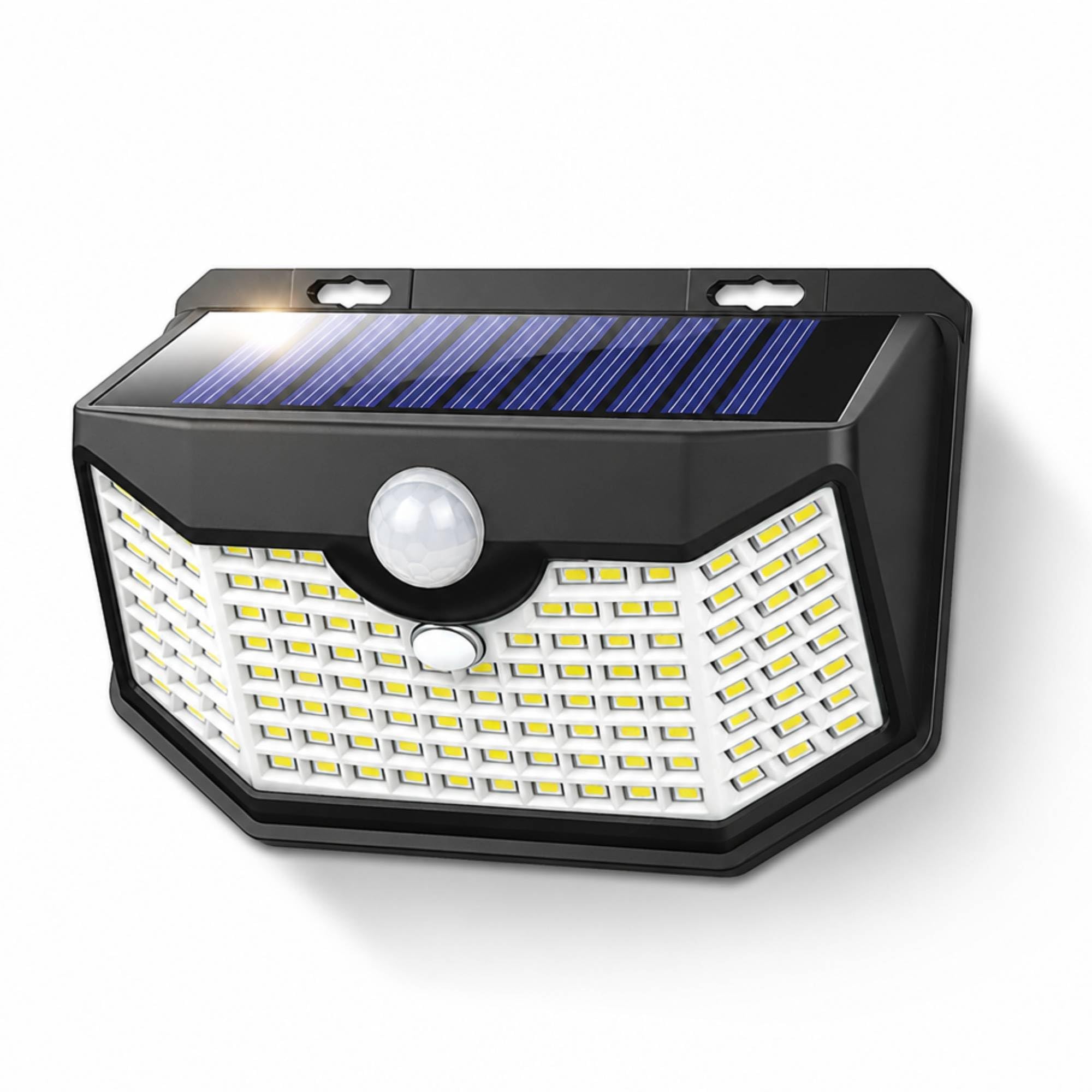 HMCITY 120 LED Solar Lights Outdoor with Motion Sensor and 3 Lighting Modes, IP65 Waterproof Wide Solar Wall Lights Ideal for Garden Patio Yard (Front Button 1Pack, Black Shell-Daylight White)