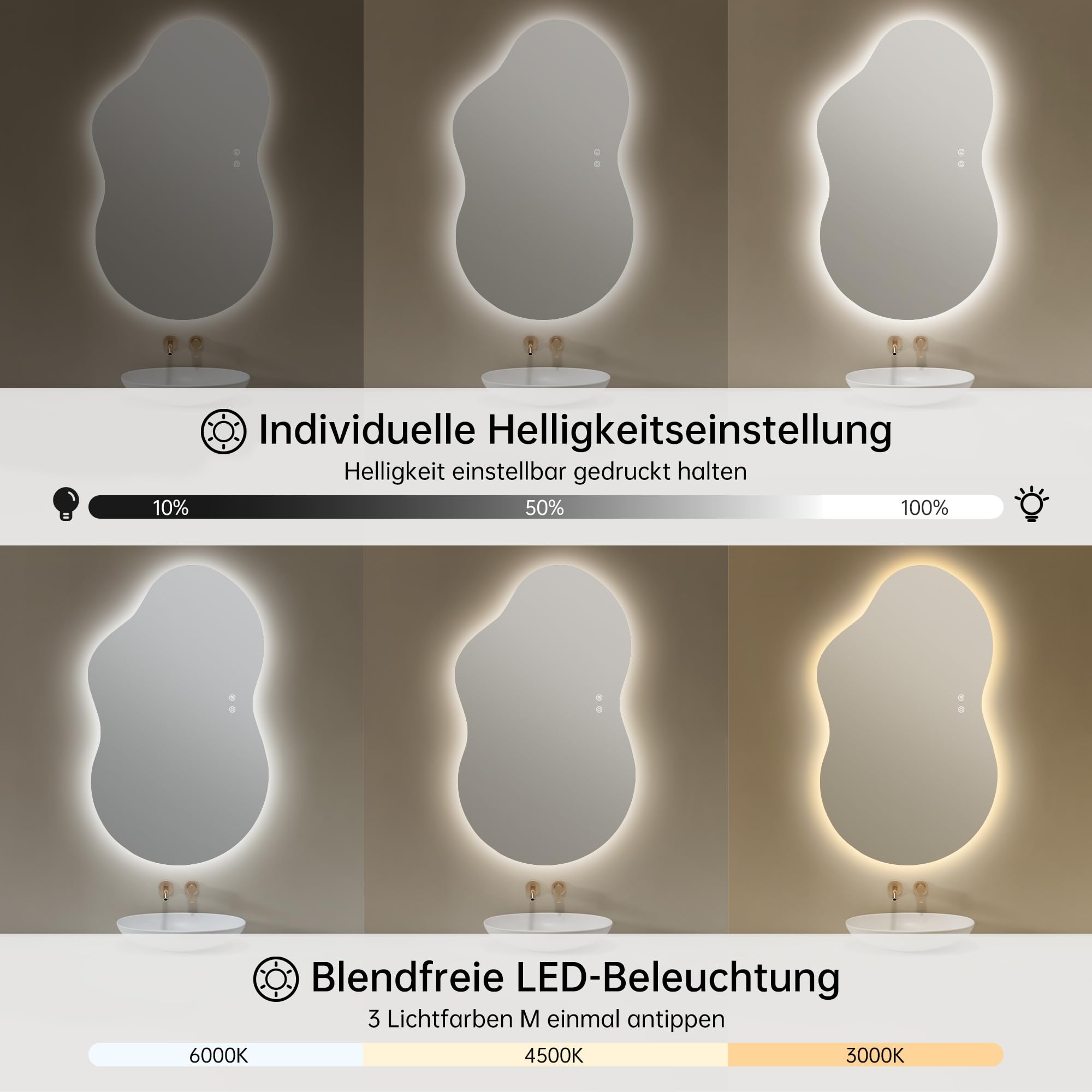 Badspiegel mit Beleuchtung Asymmetrischer LED Badspiegel 100 x 60 cm mit Touch-Schalter, Dimmbar 3 Lichtfarbe Einstellbare, Beschlagfrei Badezimmerspiegel mit Beleuchtung, Bruchsicher