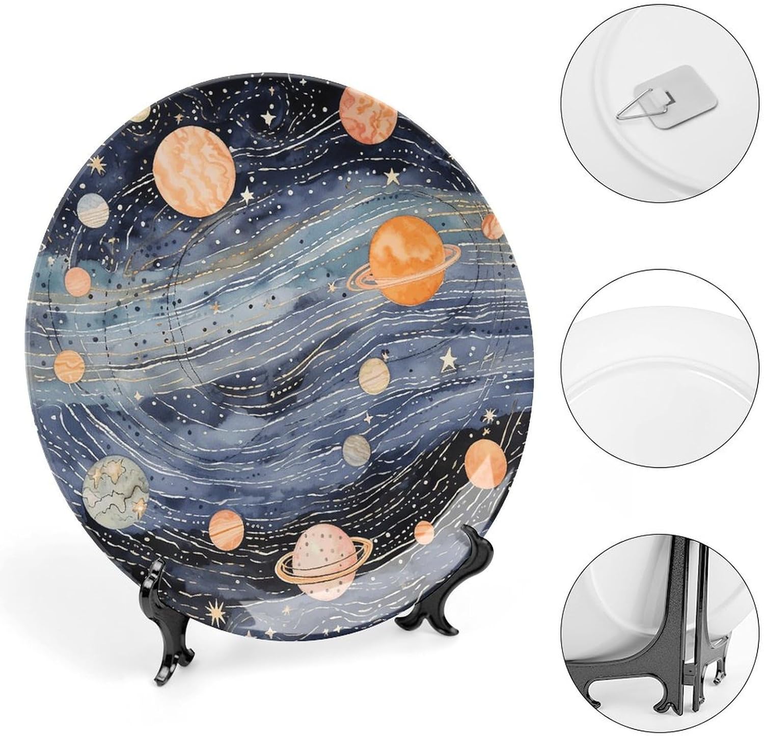 Space Themed Art Ceramic Plate 10inch Decorative Bone China Wall Hanging Ornament Plates Bohemian Style Dinner Plate with Display Stand Cabinet Display Plates for Home Art Decor