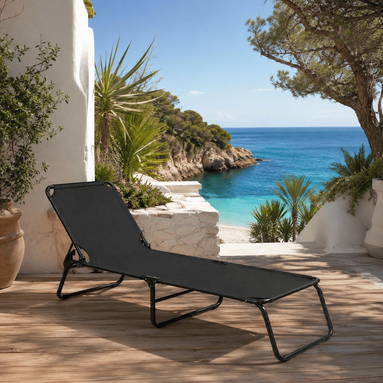 Lettino Pieghevole Prendisole Senza Tettuccio Parasole Schienale Reclinabile Regolabile Struttura In Metallo Nero Sedia Sdraio Per Spiaggia Mare Giardino Piscina 187 x 53 x 24 Cm Nero