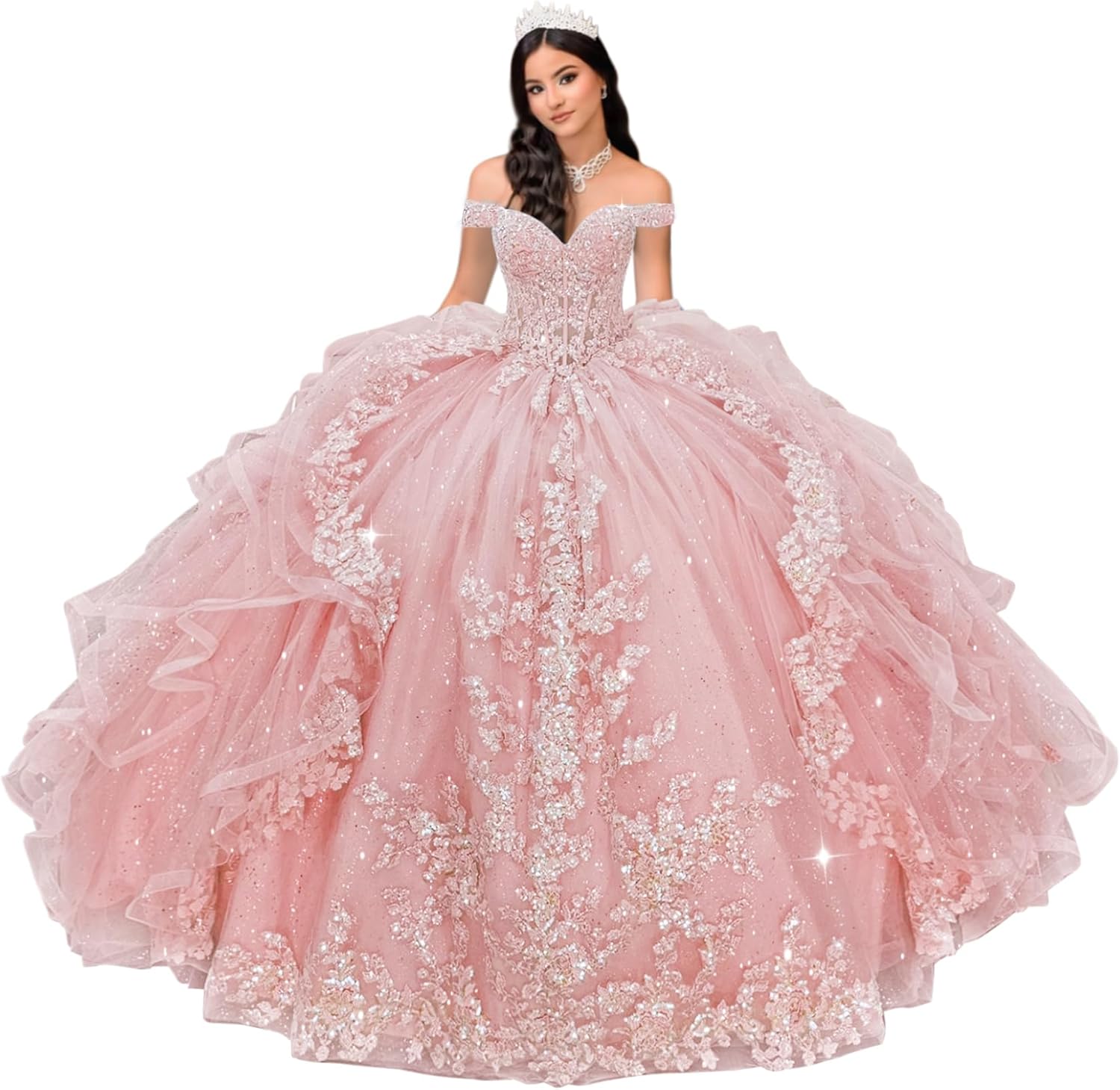 XYAYE Off Shoulder Tulle Quinceanera Dresses with Bow Glitter Tiered Sweet 16 Dresses Ruffles Beaded Vestidos de Quinceañeras