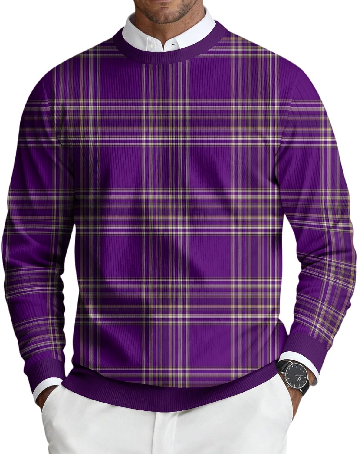 Ymosrh Men's Christmas Sweater Long Sleeve Crewneck Xmas Plaid Snowflakes Print Casual Holiday Knit Sweater, S-4XL