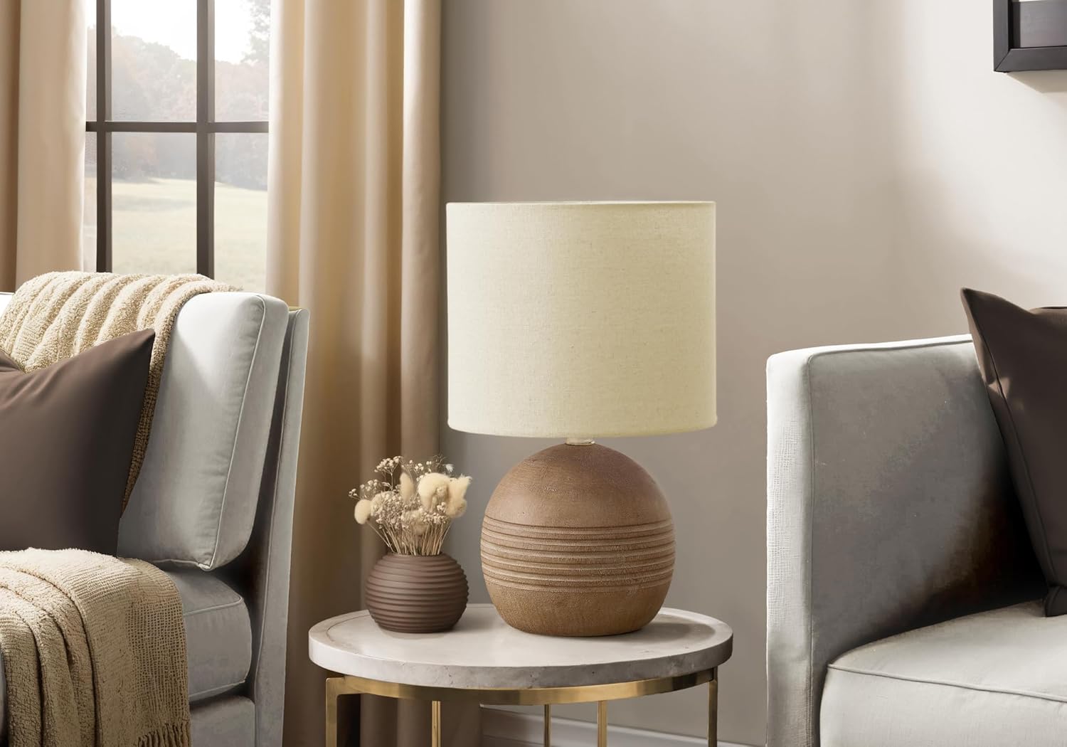 Monarch Specialties I 9793 Lighting, 15" H, Table Lamp, Brown Resin, Beige Shade, Contemporary, Modern