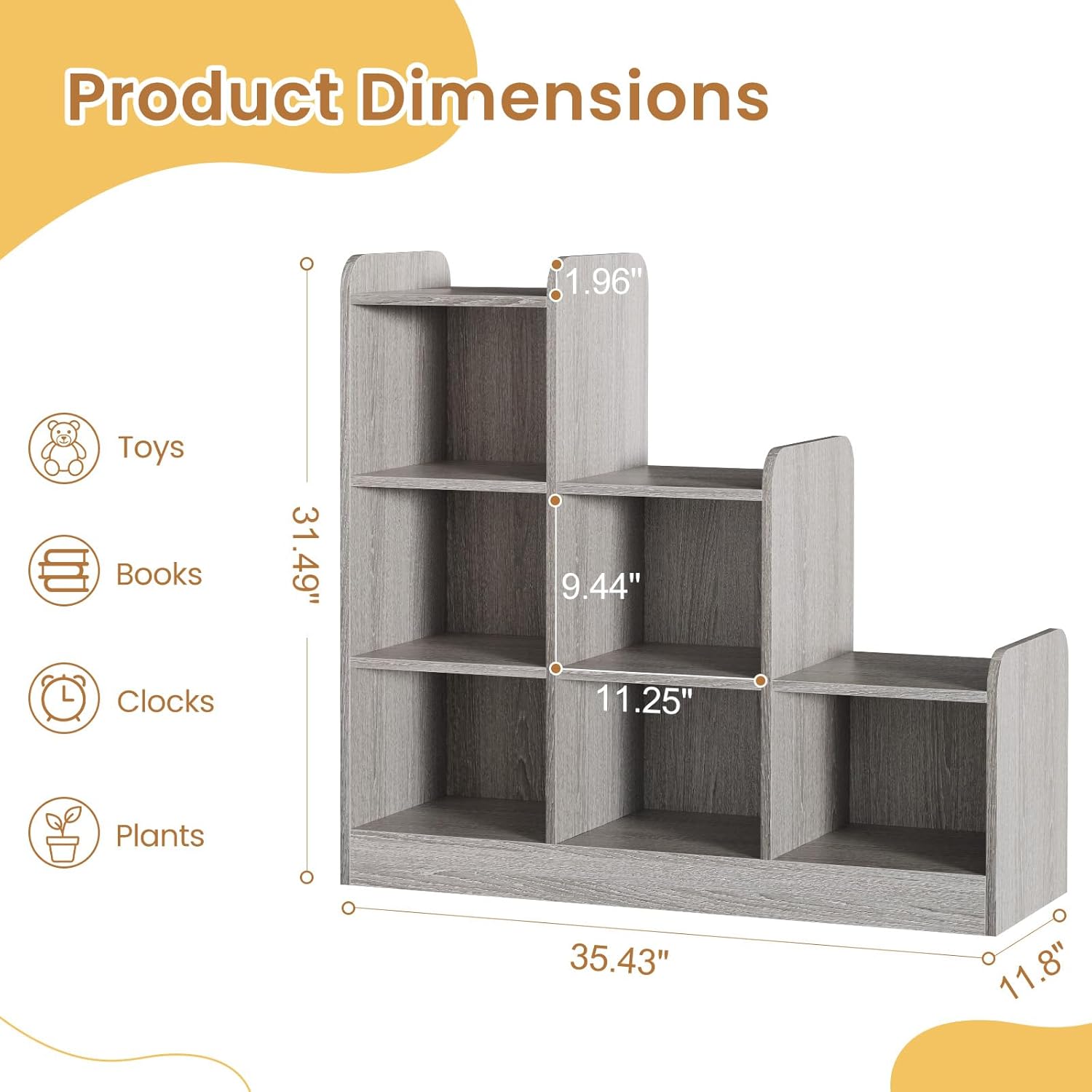 Book Shelf, 6-Cube Toy Organizers and Storage, Small Open Floor Montessori Bookcase for Kids Room, Bedroom and Playroom, 35.4" W x 11.8" D x 31.5" H, Grey