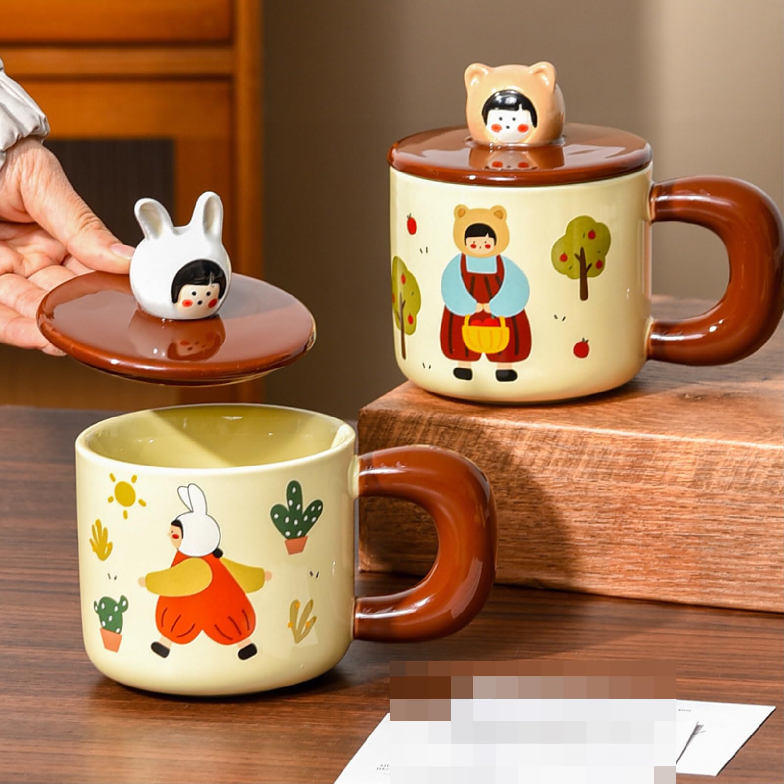 Taza de cerámica de 450 ml con tapa, diseño retro de conejo, color rojo, 450 ml
