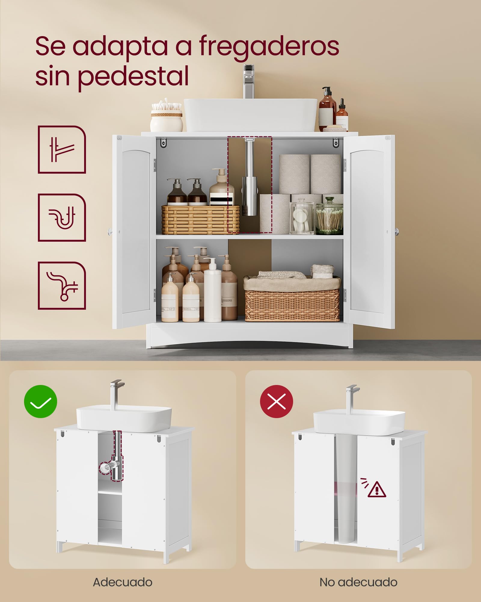 VASAGLE Aramrio de Lavabo, Armario Debajo de Lavabo, Mueble de Baño, con 2 Puertas, Estante Ajustable, Amplio Espacio de Almacenamiento, Estilo Moderno, 40 x 70 x 70 cm, Blanco Nube BBC011W01