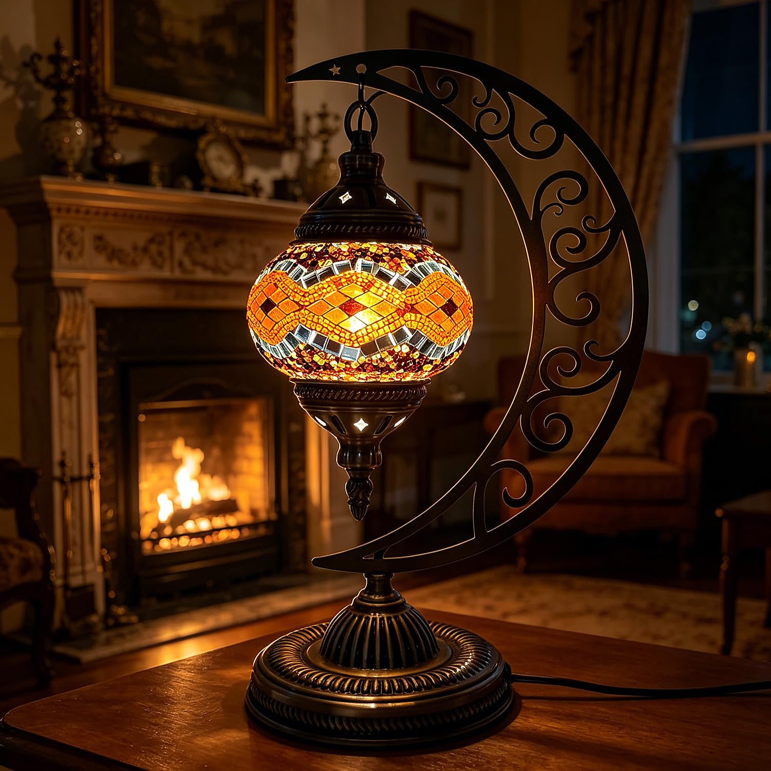 shulovehua Bohemian Turkish Mosaic Moon Table Lamp with Bronze Base USB Powered Handmade Stained Glass Bedside Lamp H 15.35in Mosaic Moroccan Night Light for Bar Study Room Bedroom Decor(Colorful9) — image 1