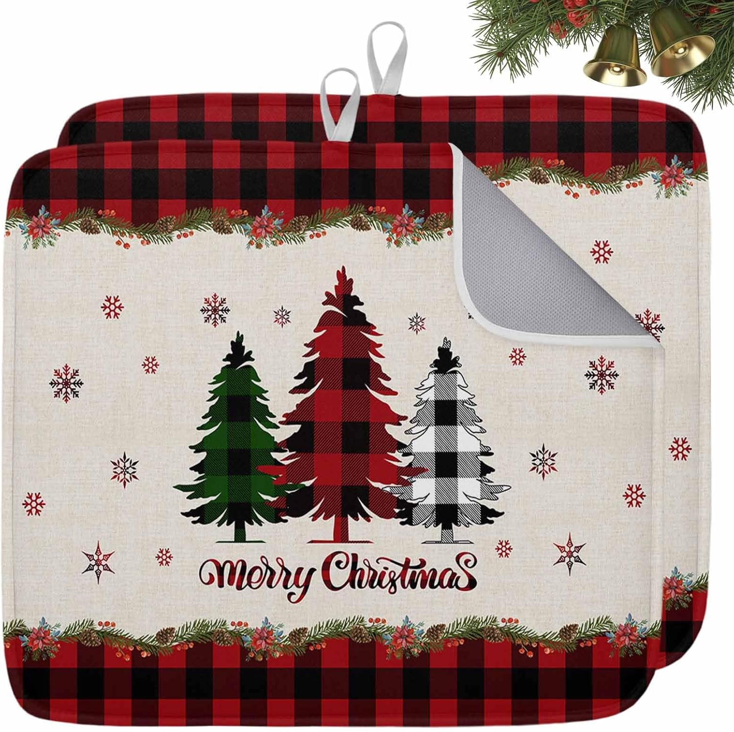 Christmas Red Buffalo Grid Tree Shadow Snowflake Dish Drying Mats for Kitchen Counter,Absorbent Dish Drainer Rack Mat Winter Berry Flower Plant Drying Pad for Sinks,Utensils,Countertops,18x24in