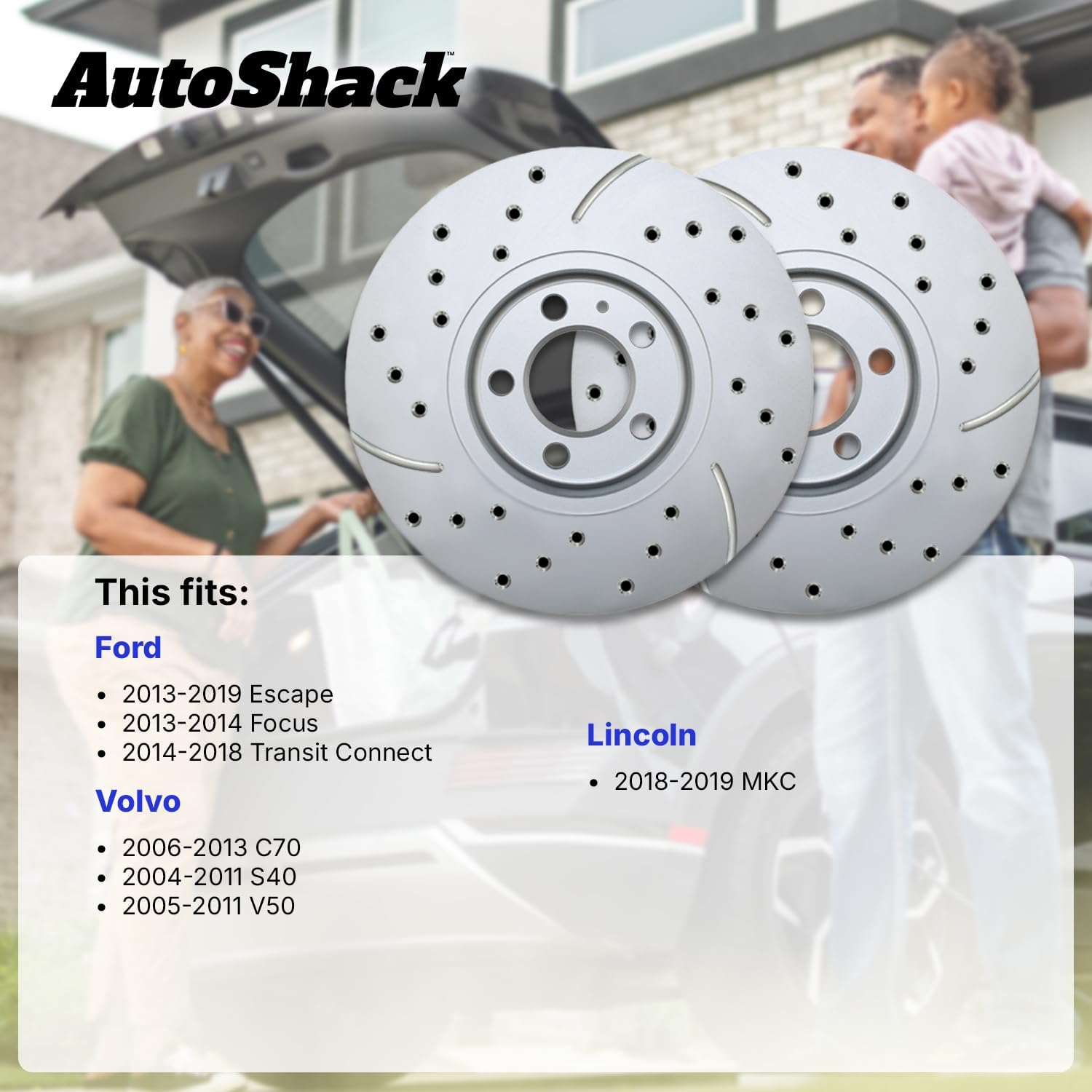 AutoShack Front Vented Drilled & Slotted Coated Brake Rotors Silver Matte Finish 2-PC Set Replacement for 2013-2019 Ford Escape 2013-2018 Ford Focus 2018-2019 Lincoln MKC TurboGuard 12.6" (320 mm)