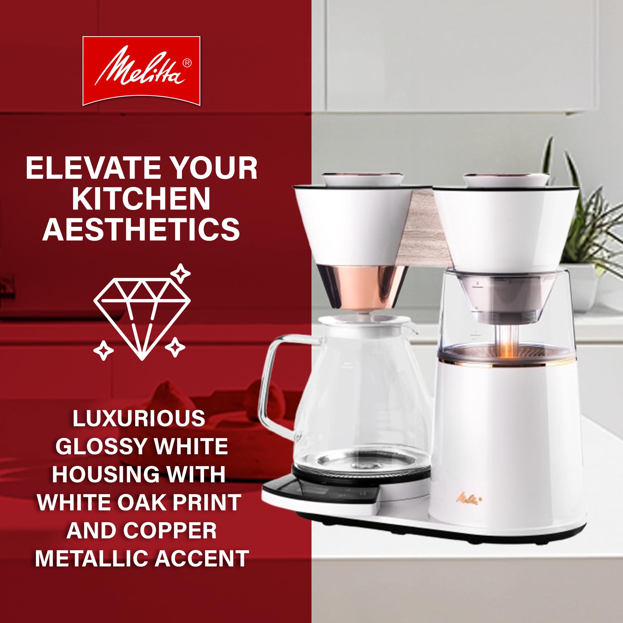 Melitta Vision 12-Cup Drip Coffee Maker, White, with 5-Pack Filters | Automatic and Programmable, Adjustable keep warm time setting and coffee strength, Touch Control