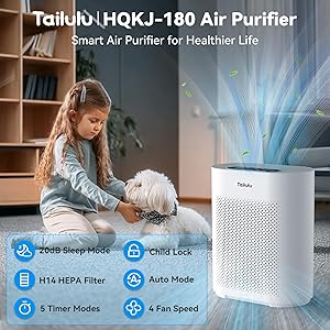 Air Purifiers for Home Large Room up to 2200ft, PM2.5 Air Quality Sensor Smart Mode, 20dB Sleep Mode & Night Light, H14 HEPA Filter Air Purifiers for Bedroom, Pets, Dust, Pollen, Tailulu HQKJ-180