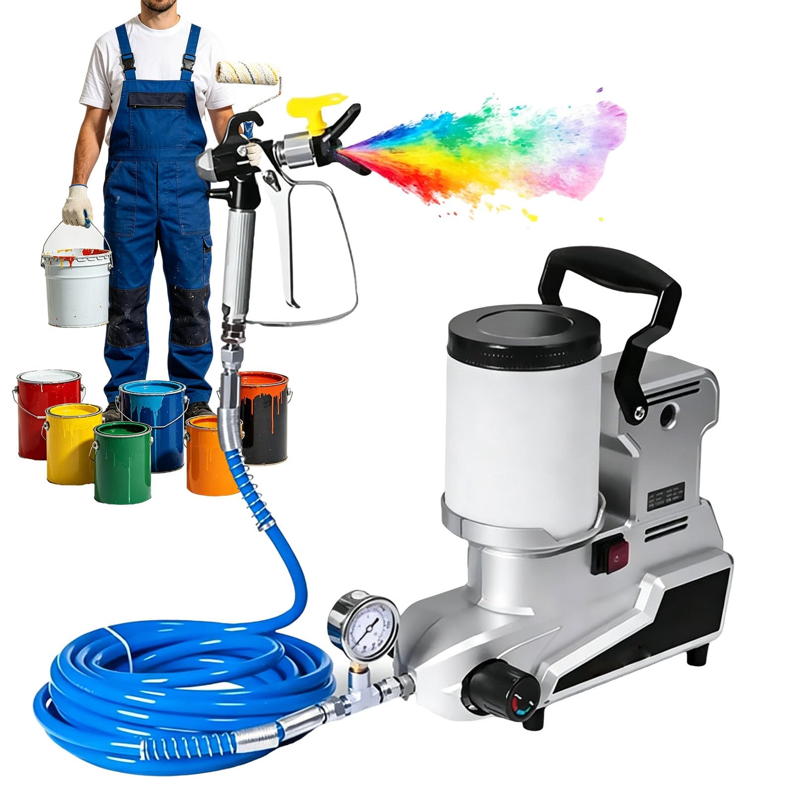 Pulverizador Airless Profesional de 1600 W, 0-850 RPM, con Tanque de 2 L y Manguera de Alta Presión, Caudal de 2500 ml/min, Uso doméstico