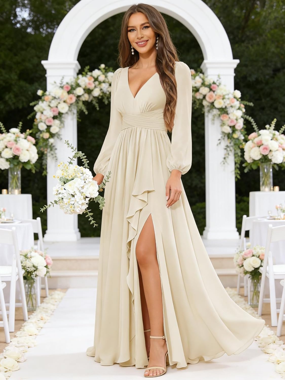 Chiffon Bridesmaid Dresses Long Sleeve Ruffled Formal Evening Gowns with Slit - Image 5