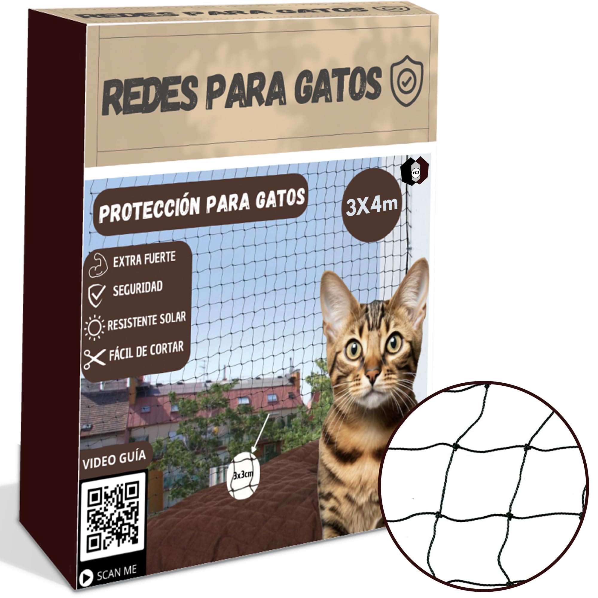 FR3 ® Red para Gatos de 3x4 Color Negro | 12 hebras de PE Más 1 hebra de Acero | Red para Gatos terraza | Evita la Caída o la Escapada de su Gato | Apto para Ventanas, Balcones y Terrazas.