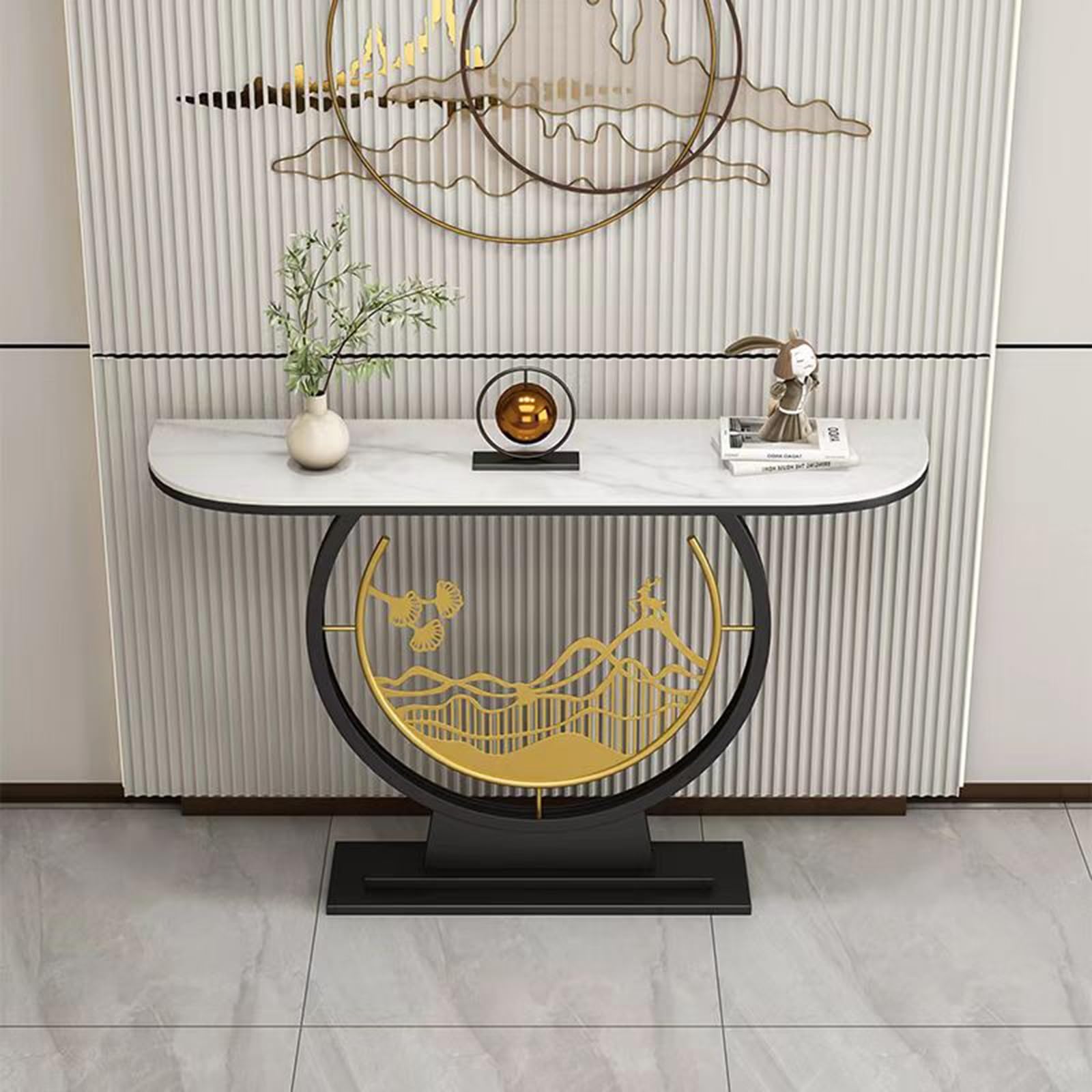 Mesa decorativa de pasillo en piedra sinterizada de lujo y base metalica para salones modernos