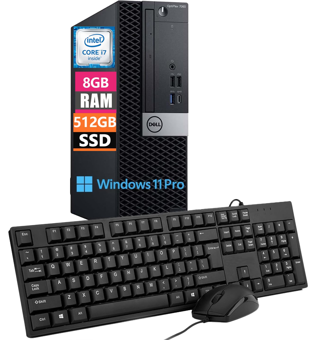 Dell Optiplex 7060 SFF PC, Small Form Factor Desktop,Intel Core i7-8700, 8GB RAM, 512GB SSD, Tastiera US QWERTY, Windows 11 Pro (Ricondizionato)