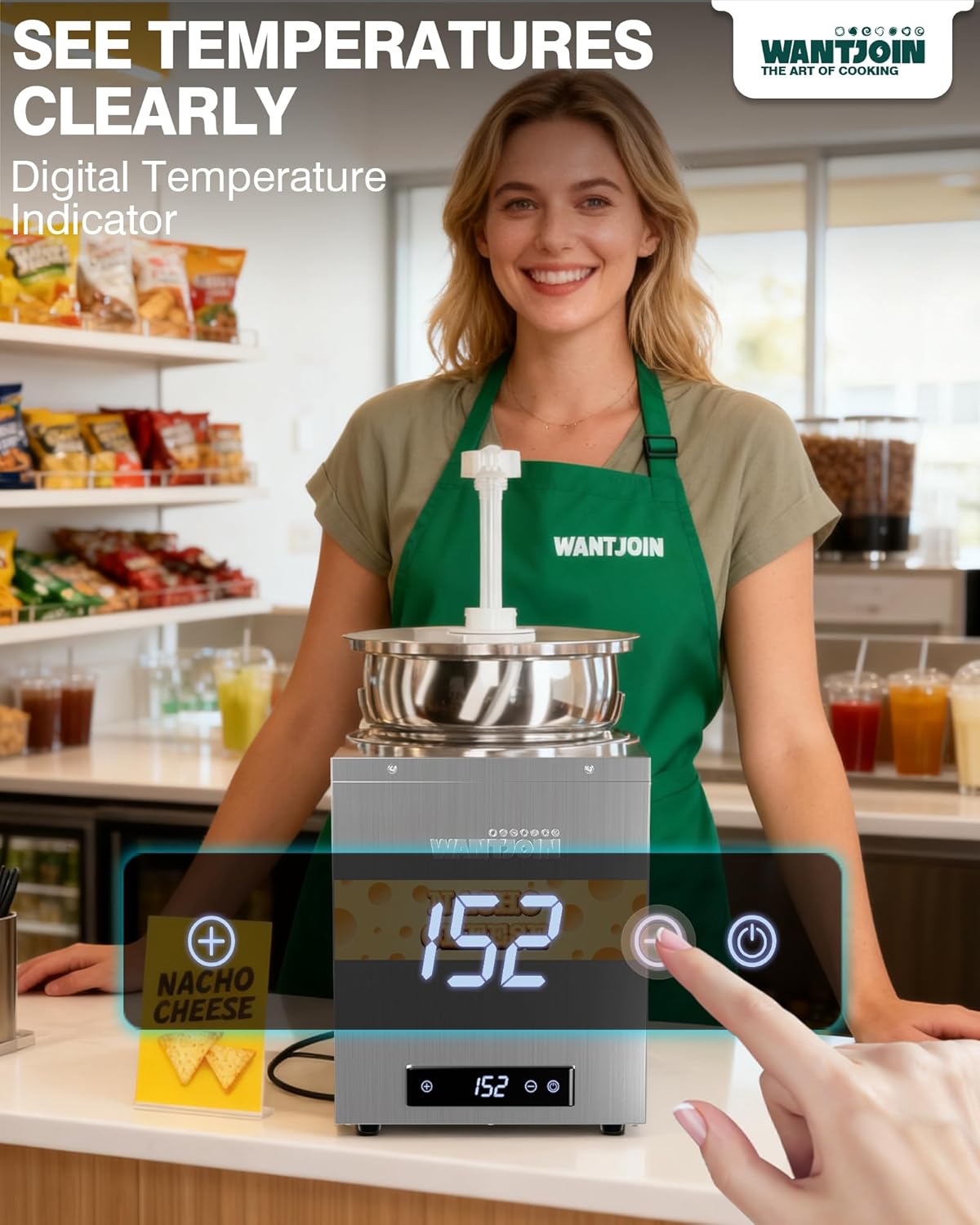 WantJoin Nacho Cheese Dispenser with Pump - 4.6Qt Nacho Cheese Warmer Commercial Hot Fudge Dispenser W/5-Level Temperature Adjustment for Stainless Steel Hot Fudge Warmer, Cheese Caramel