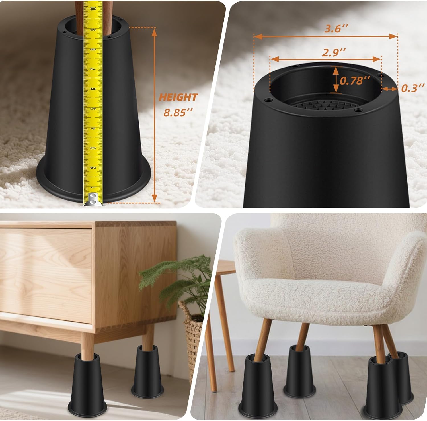 8 inch Bed Risers Adjustable Furniture Risers - Heavy Duty Non-Slip Lift Supports for Beds/Couches/Sofas, Durable Square Design with Creates Storage Space (4 Pack Black, 8 inch Round)