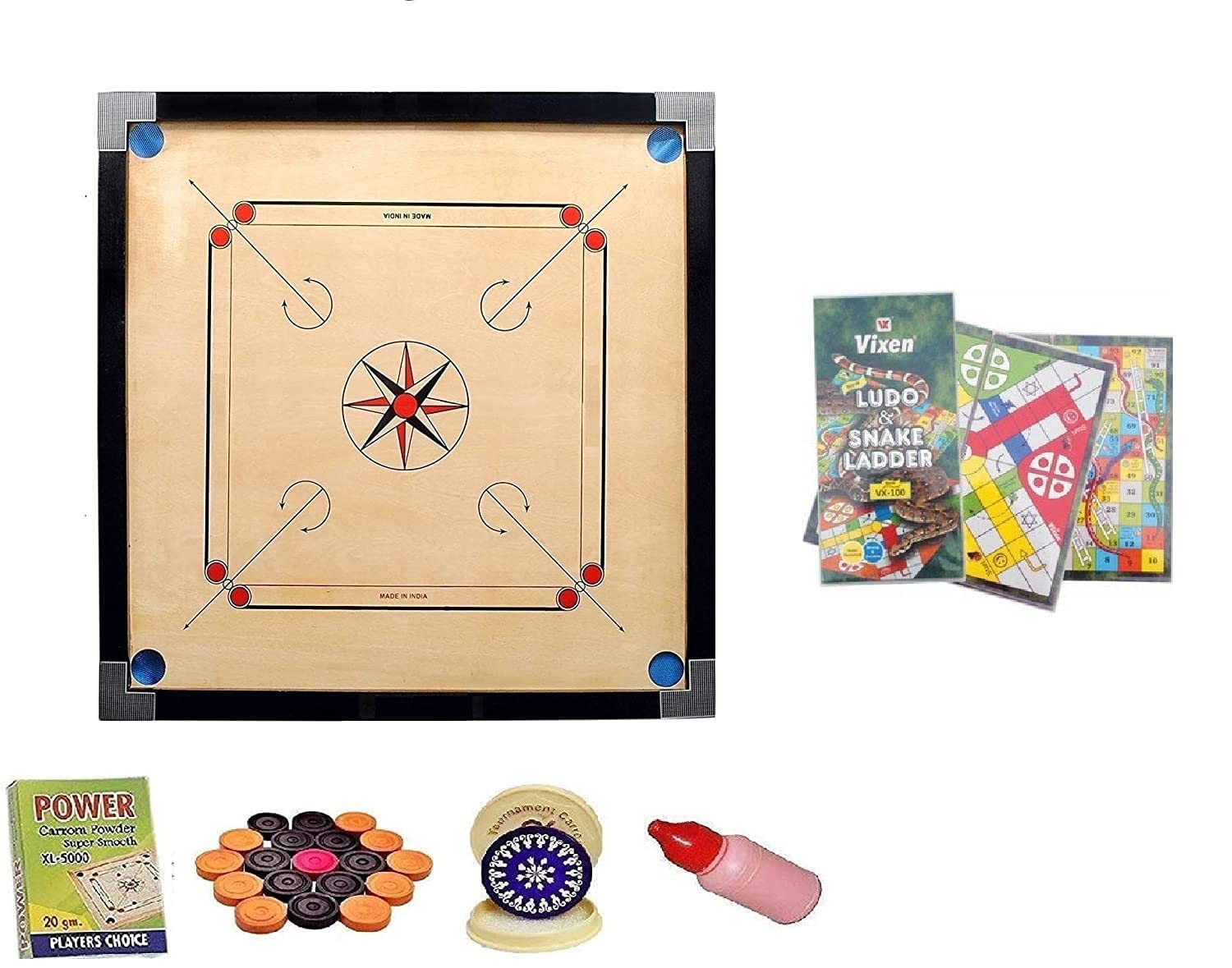 ZafexCarrom Board 32 Inch Full Size with 1.5" Border (Super) with Striker and Accessory (Large-32 Inch with Vixen Ludo)