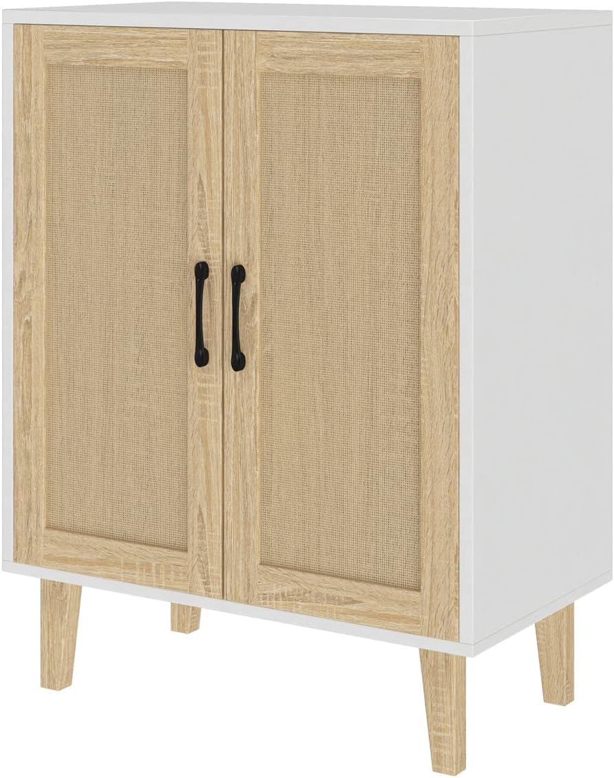 Panana Buffet Cabinet Sideboard with Rattan Decorated Doors Kitchen Storage Cupboard Accent Cabinet (White)