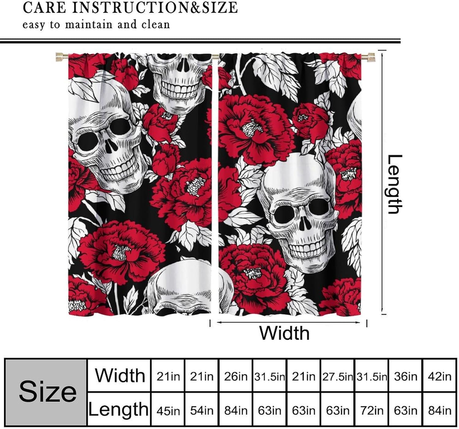 Gothic Curtains Skull Red Floral Pattern Blackout Print Rod Pocket Window Drapes for Bedroom Living Room 42x45in
