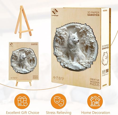 Miniatura 6 de Rompecabezas de madera para adultos, rompecabezas de madera para adultos y niños, rompecabezas de madera 3D con forma única de Samoyed en papel, 3d
