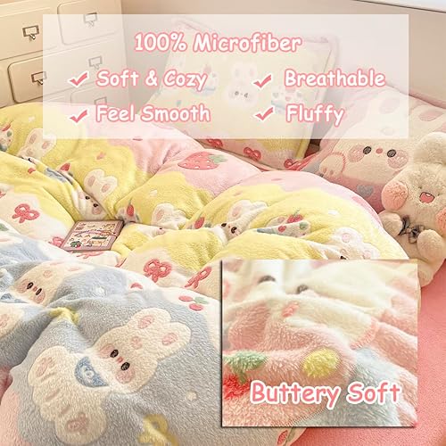 Miniatura 3 de Juego de ropa de cama individual, lindo juego de funda de edredón rosa con diseño de conejito, fundas de edredón Kawaii de crema esponjosa ultra