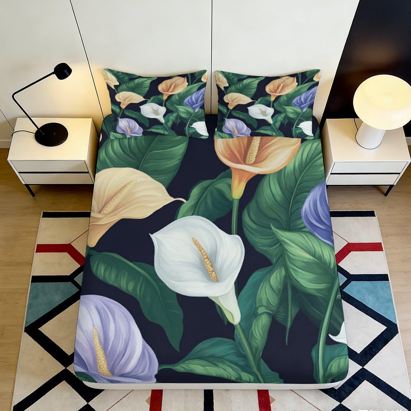 3D Printed Calla Lily Floral Fitted Sheet Microfiber Soft Decorative Pastel Leaves Mattress Cover for Bedroom Guest Room 90x200x25cm