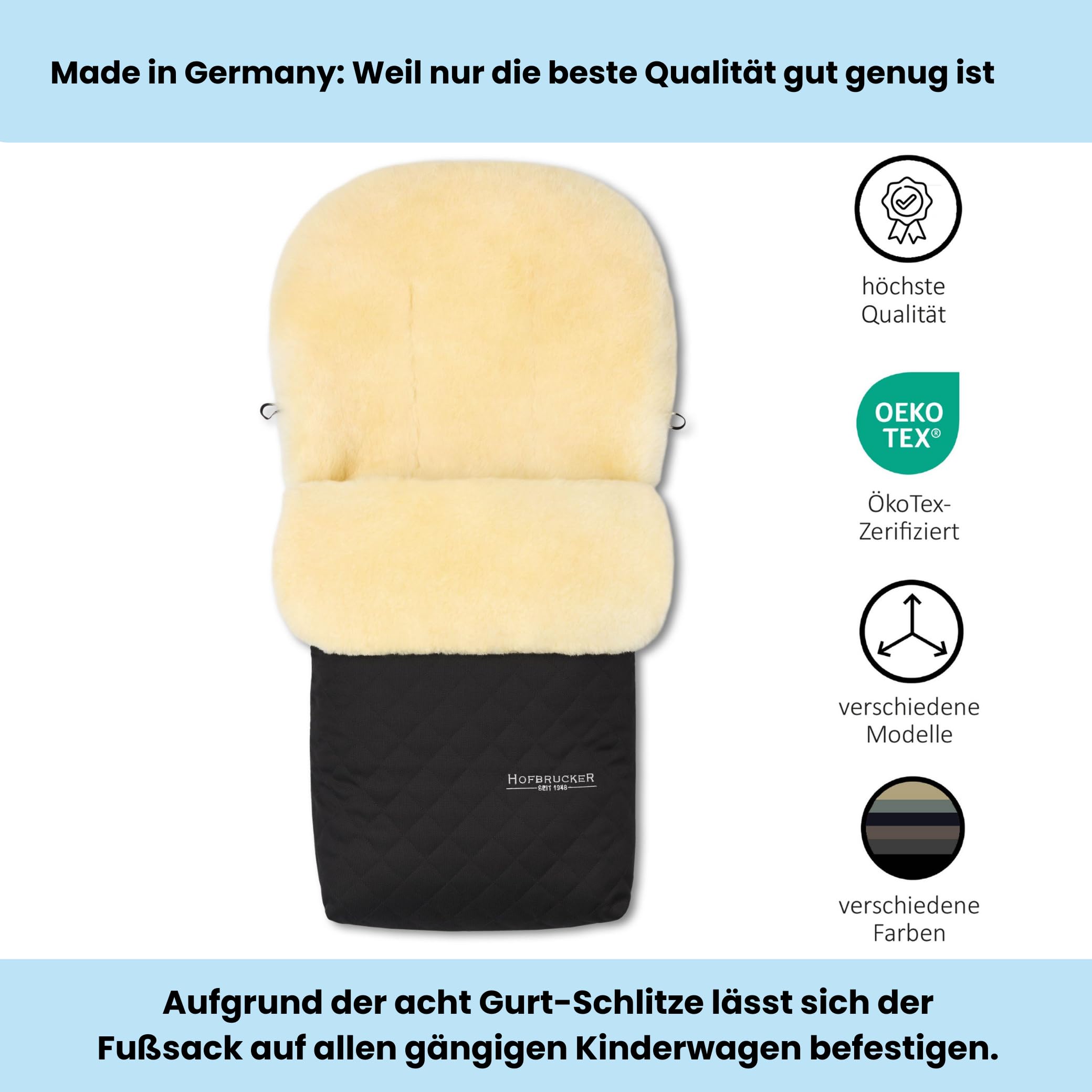 Hofbrucker Lammfell-Fußsack Putzi Limited, schwarz | Warmer Fußsack für Kinderwagen, Buggy, Tragetasche, Stepp-Design, Made in Germany