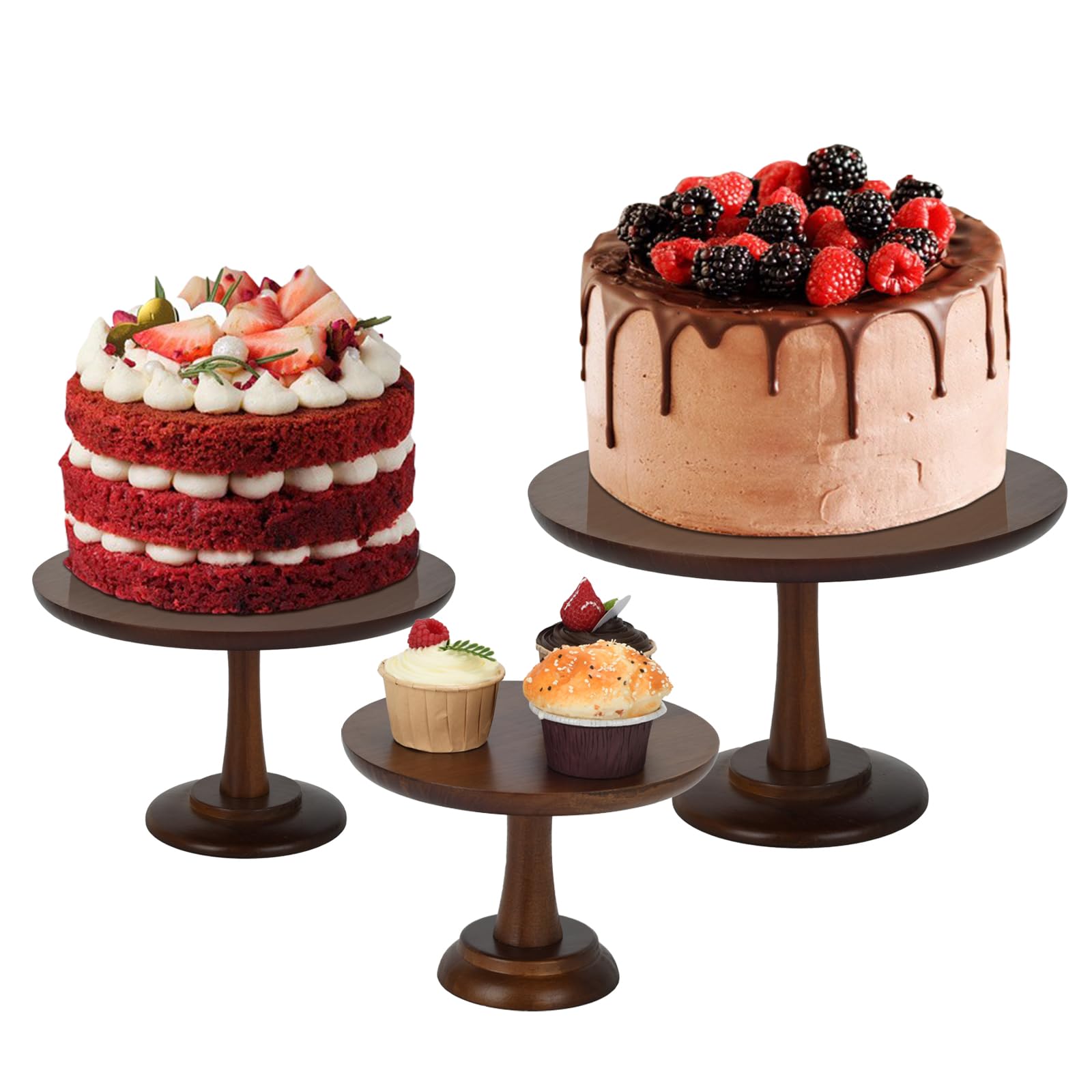 Rustic Cake Stand, 3 Sets Wood Cake Stand Set Wooden Round Cupcake Stand for Wedding Birthday Party Decor Dessert Cookie Serving Tray Pie Plate Holder Farmhouse Style