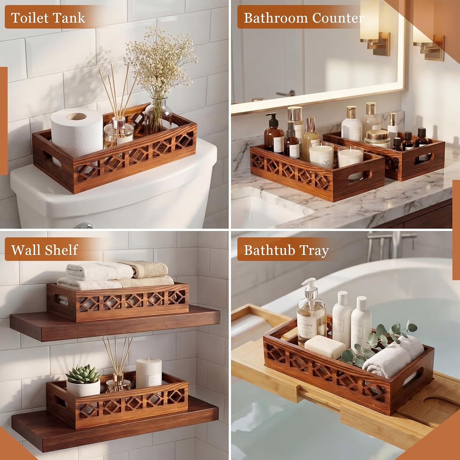 Qunclay 2 Pcs Brown Toilet Tank Baskets Wooden Back of Toilet Paper Baskets