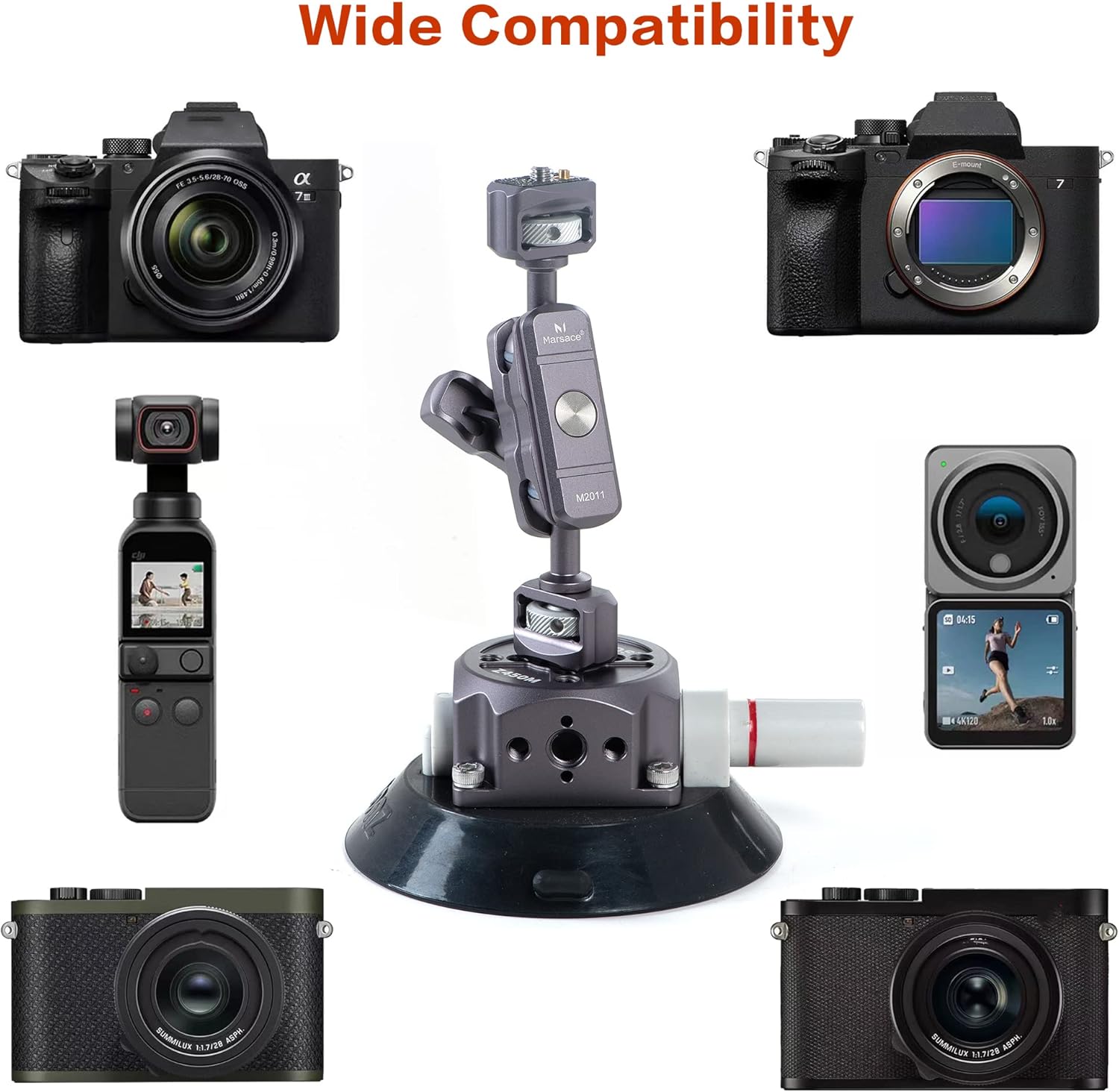 IMT 4.5" Camera Suction Cup Mount for Car with 1/4" & 3/8" Screws, Vehicle Quick Release Pump-actived Vacuum Suction Mount with 360° Ball Head for Phone, Action Camera, Lightweight DSLR Cameras