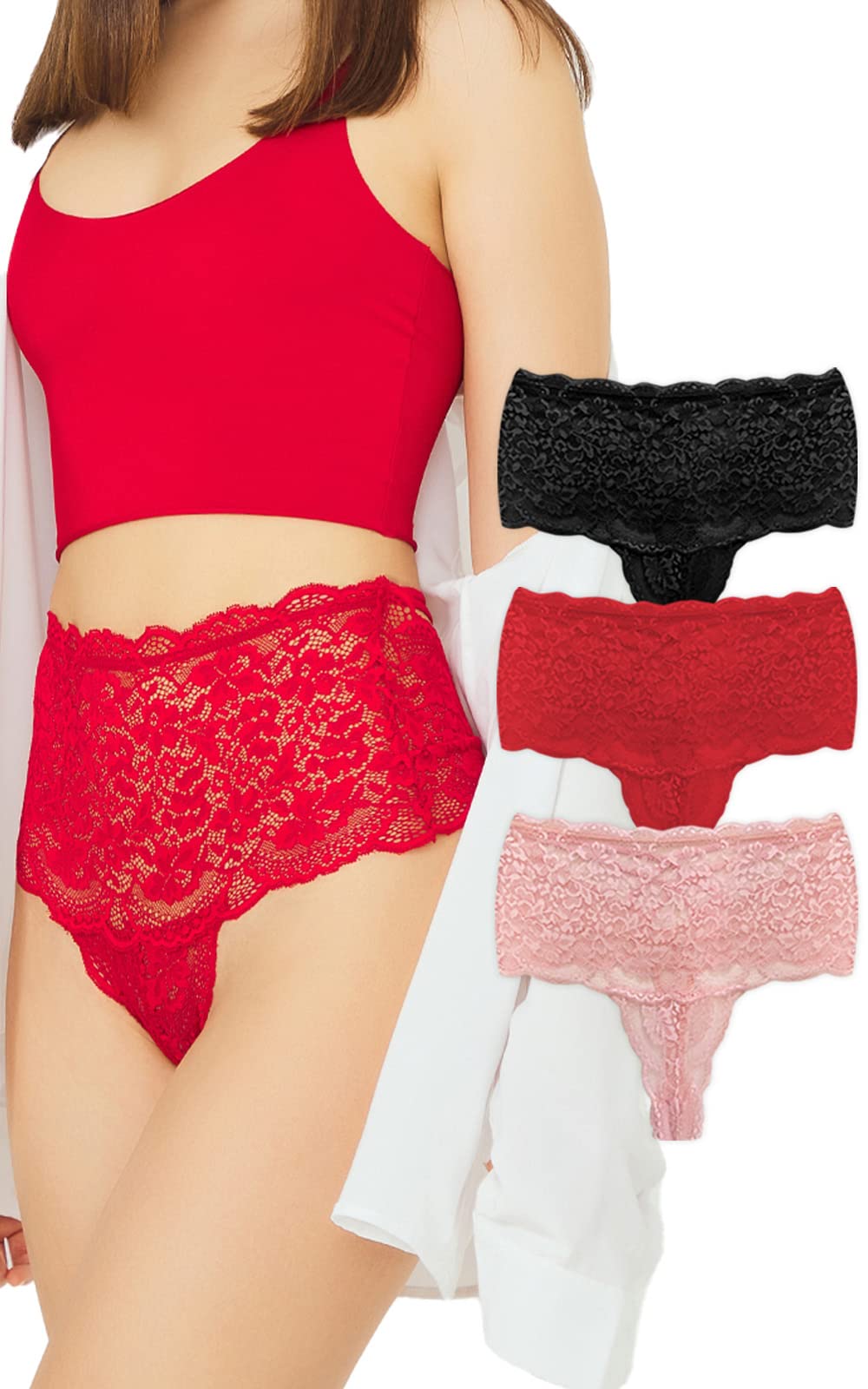 High Waisted Lace Thongs for Women - Rise Lacy Thong Underwear - Sheer High Waist Coverage Plus Size Women's Sexy Panties, Black/Red/Pale Pink, XL