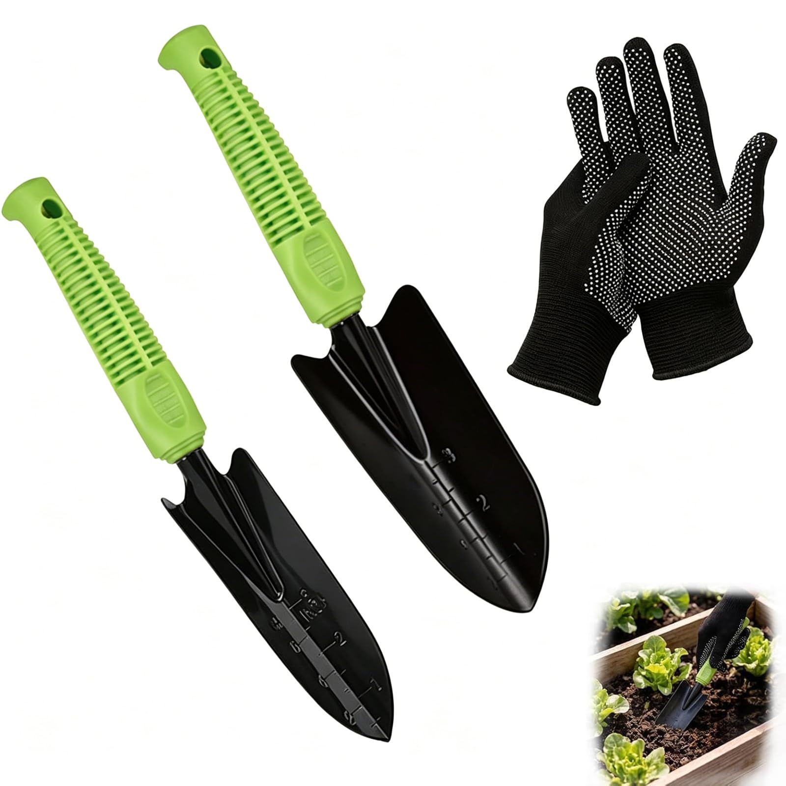 2 pala da giardino, pala da giardino con guanti neri, pala da giardino in metallo, piccola, portatile, per trapiantare piantine, diserbo e allentare (nero 1)