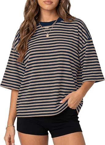 Cioatin Women Oversized Short Sleeve Crewneck Striped Tshirt Tops Y2K Aesthetic Bloom Drop Shoulder Tee Summer Outfits