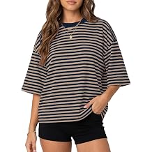 Cioatin Women Oversized Short Sleeve Crewneck Striped Tshirt Tops Y2K Aesthetic Bloom Drop Shoulder Tee Summer Outfits
