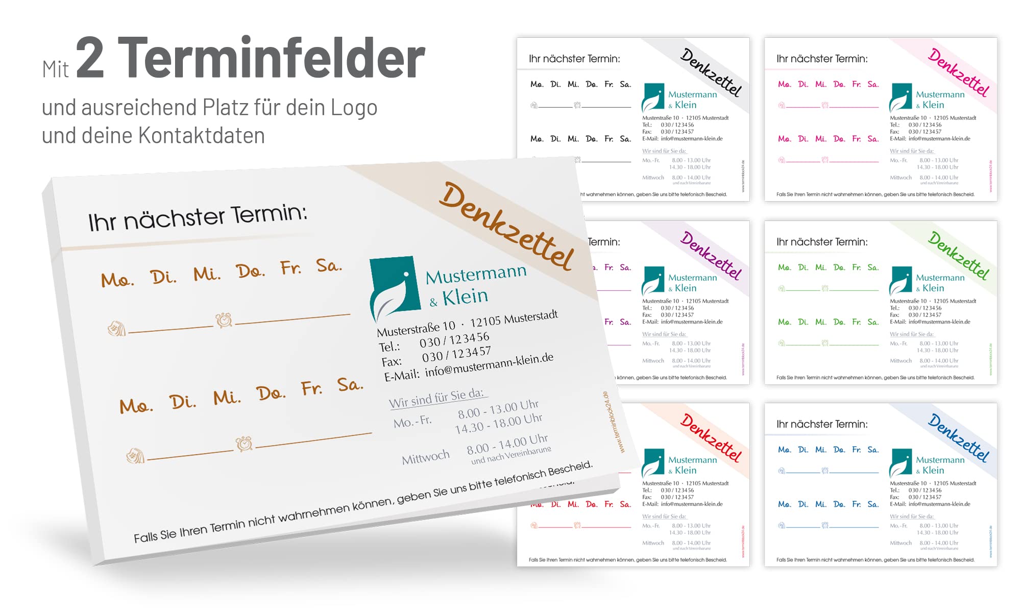 200 Terminblöcke Classic #1 individuell bedruckt mit Ihrem Text und Logo! 50 Blatt je Block, 74 x 105 mm (DIN A7), quer, mehrere Grundfarben und Terminfelder wählbar
