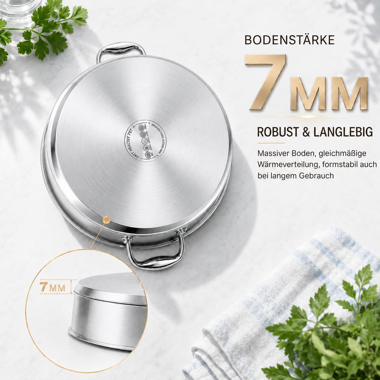 DELARLO Schmorpfanne 28cm Hoher Rand 5,6 L, Edelstahl Servierpfanne | 7mm 3‑lagiger Boden, Unbeschichtet, PFOA Frei, PFAS Frei, PTFE Frei, Geeignet für alle Herdarten, Ergonomischer Griff