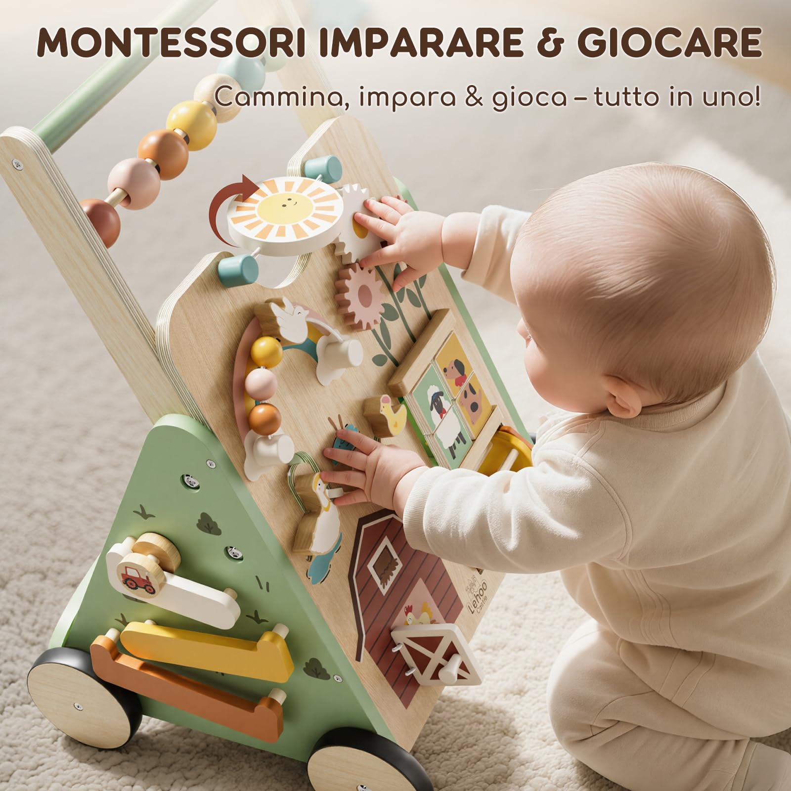 Carrello Primi Passi Legno, Girello per Bambini, Giochi Bambini 1 Anno | Primi Passi per Bambini con Velocità Regolabile, Centro Attività 10 in 1, Regalo Bambino 1 Anno, Giochi Montessori 1 Anno