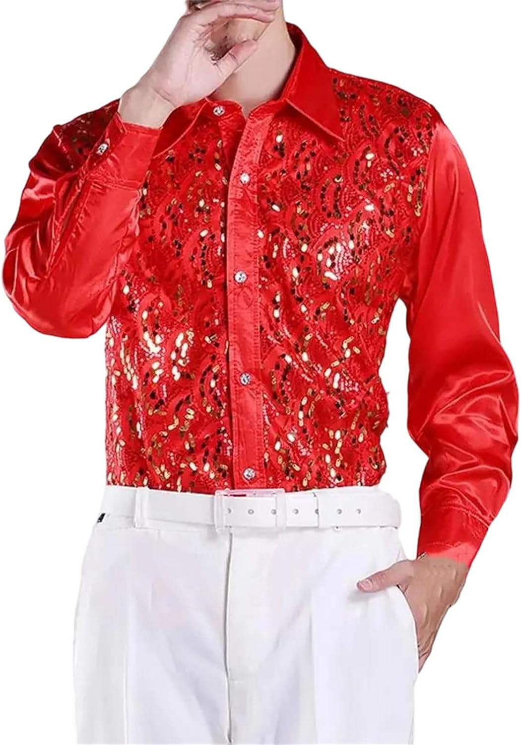 Men's Formal Casual Shirt Top with Sequins for Wedding Stage Performance Long Sleeve Single-Breasted Blouse