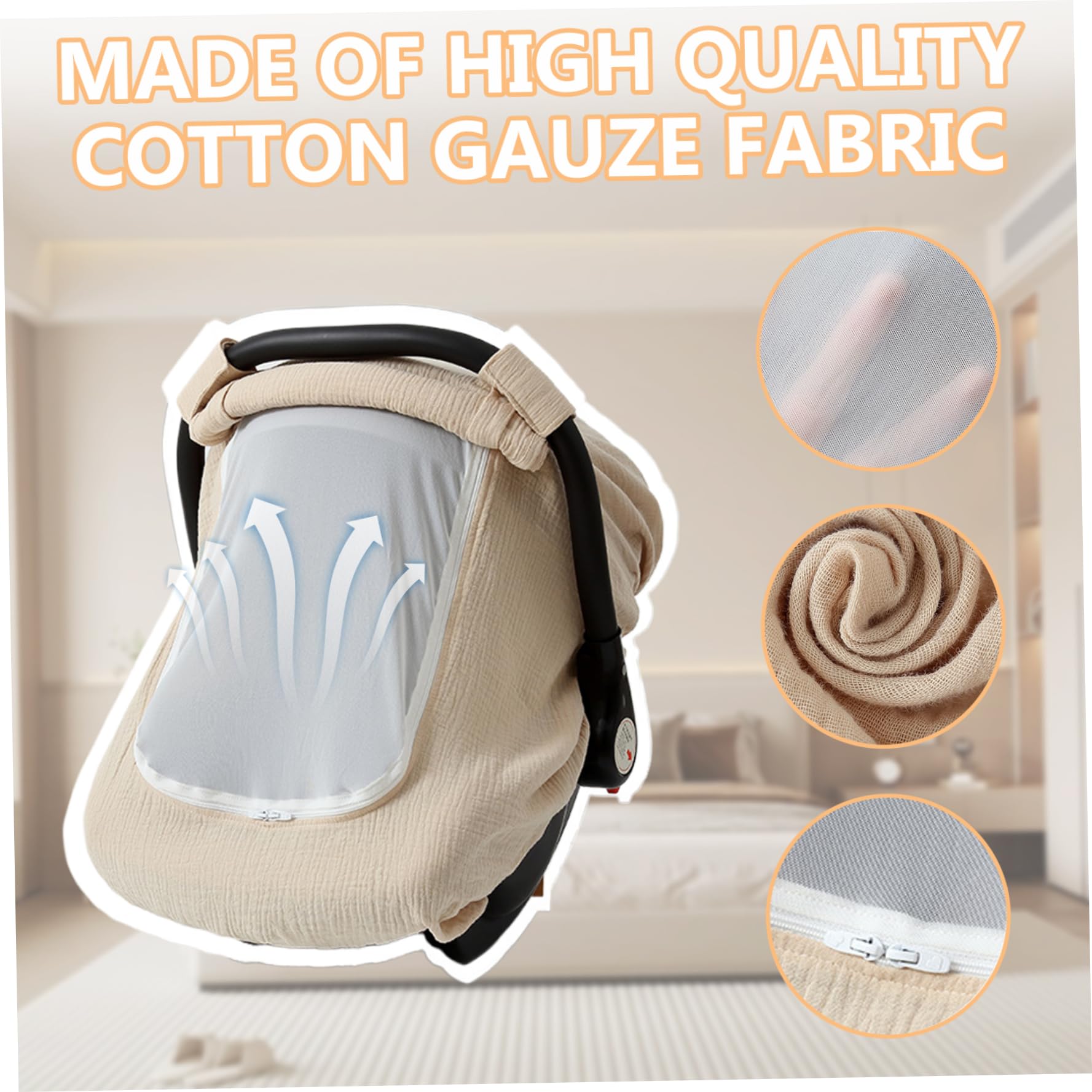 Car Seat Cover Baby 360 Protection Cotton Gauze Baby Car Seat Cover with Breathable Mesh Fabric Lightweight for Boys Girls, Light Khaki — view 2