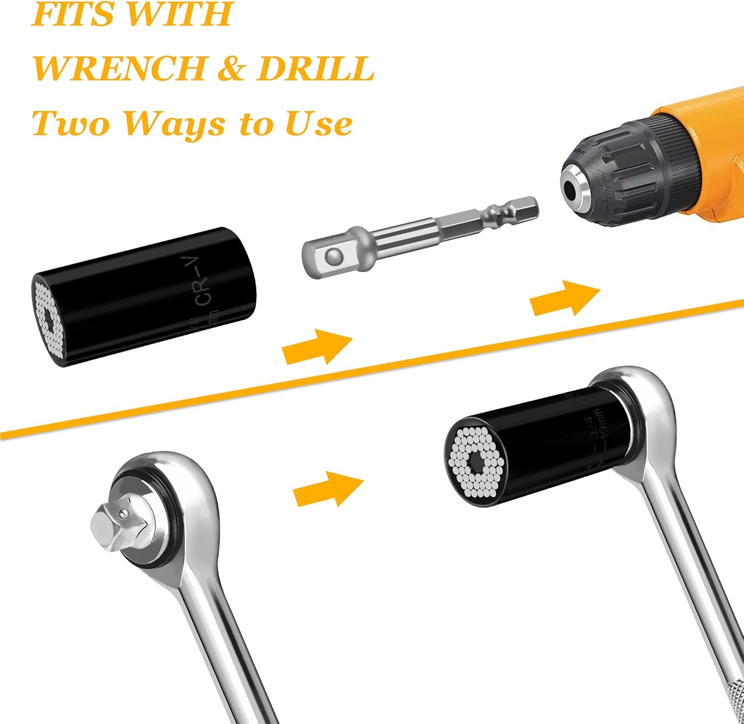 Gifts for Men Him Boyfriend Husband, Universal Socket Wrench Grip Socket Tool Sets Fits Standard 1/4'' - 3/4'' Metric 7mm-19mm with Power Drill Adapter(black) - - 