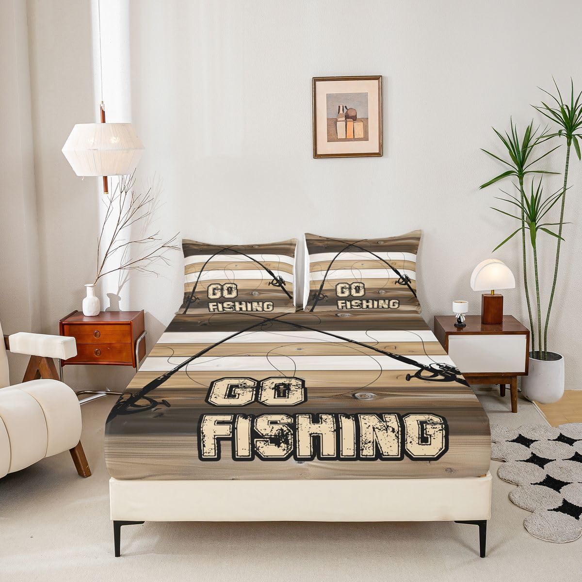 Homewish Rustykalne prześcieradła na łóżko King Fishing prześcieradło retro brązowe beżowe drewniane deski zestaw pościeli dla dzieci nastolatków dziewcząt, wędka na wędkę pokrowiec na łóżko 3 szt