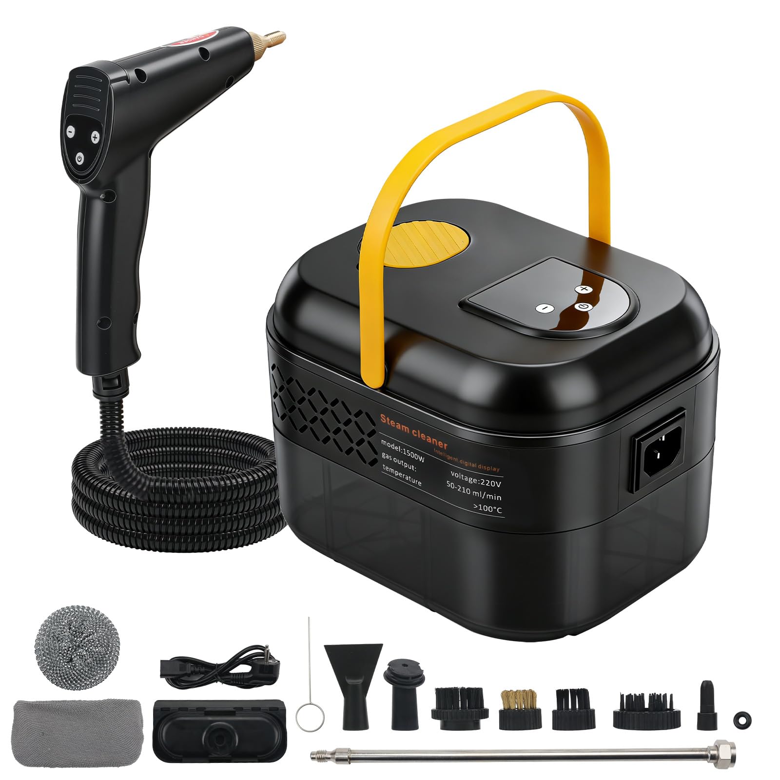 Nettoyeur Vapeur, Nettoyeur Vapeur Portable 1500 W, Nettoyant Vapeur Haute Pression avec réservoir d'eau de 1200 ml, 3 Têtes de Brosse, 6 vitesses réglables, Pour Cuisine, Sols, La Voiture, Fenêtre