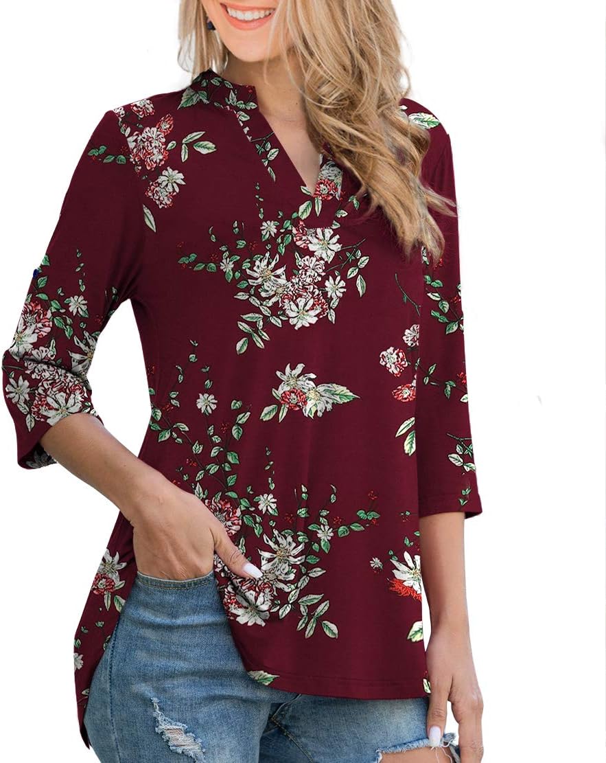 Othyroce Womens Floral Printed Tunic Tops 3/4 Roll Sleeve V Neck Blouses Long Sleeve Shirts for Women - Image 2
