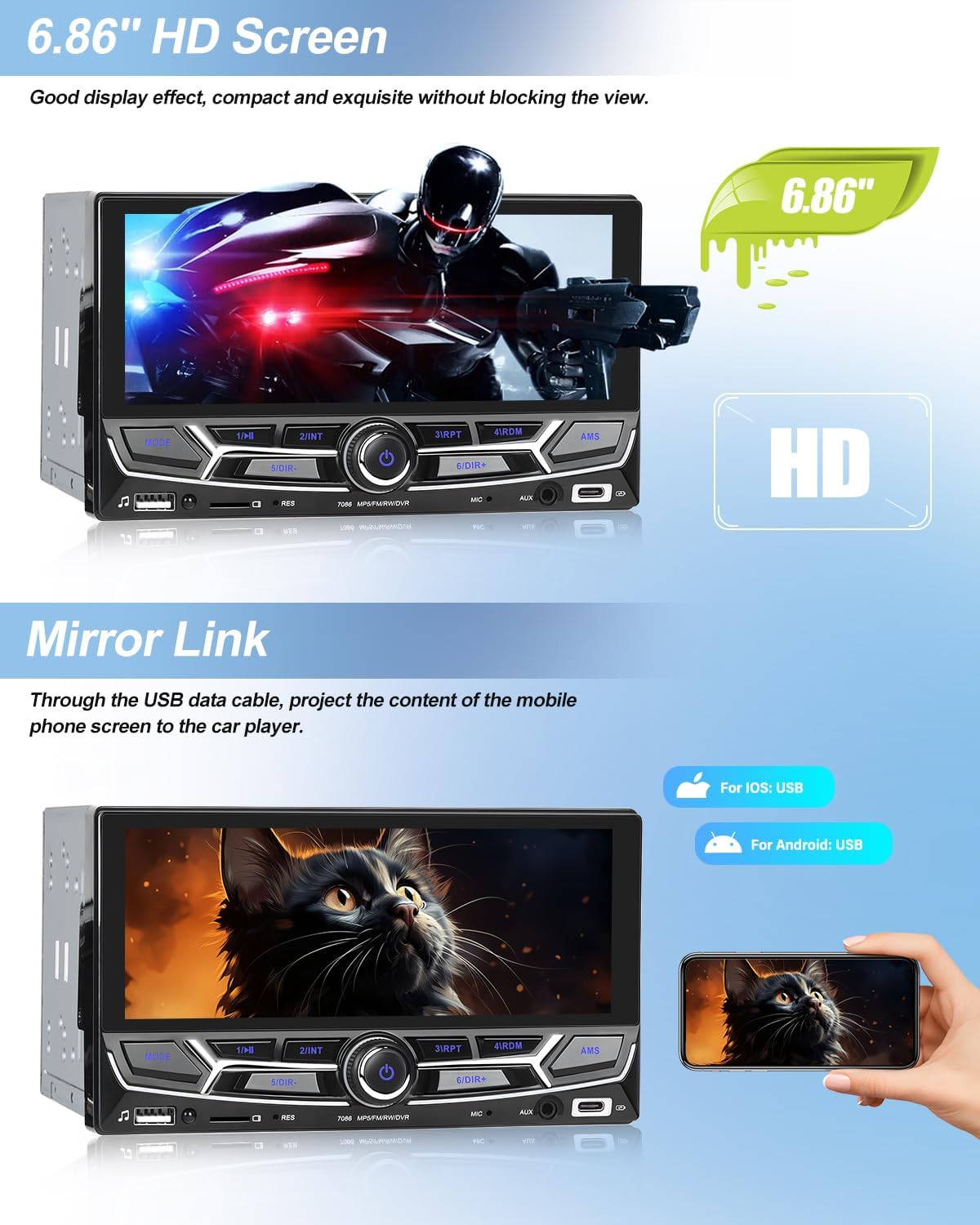 6.86-inch HD screen of the car stereo displaying a high-definition image.