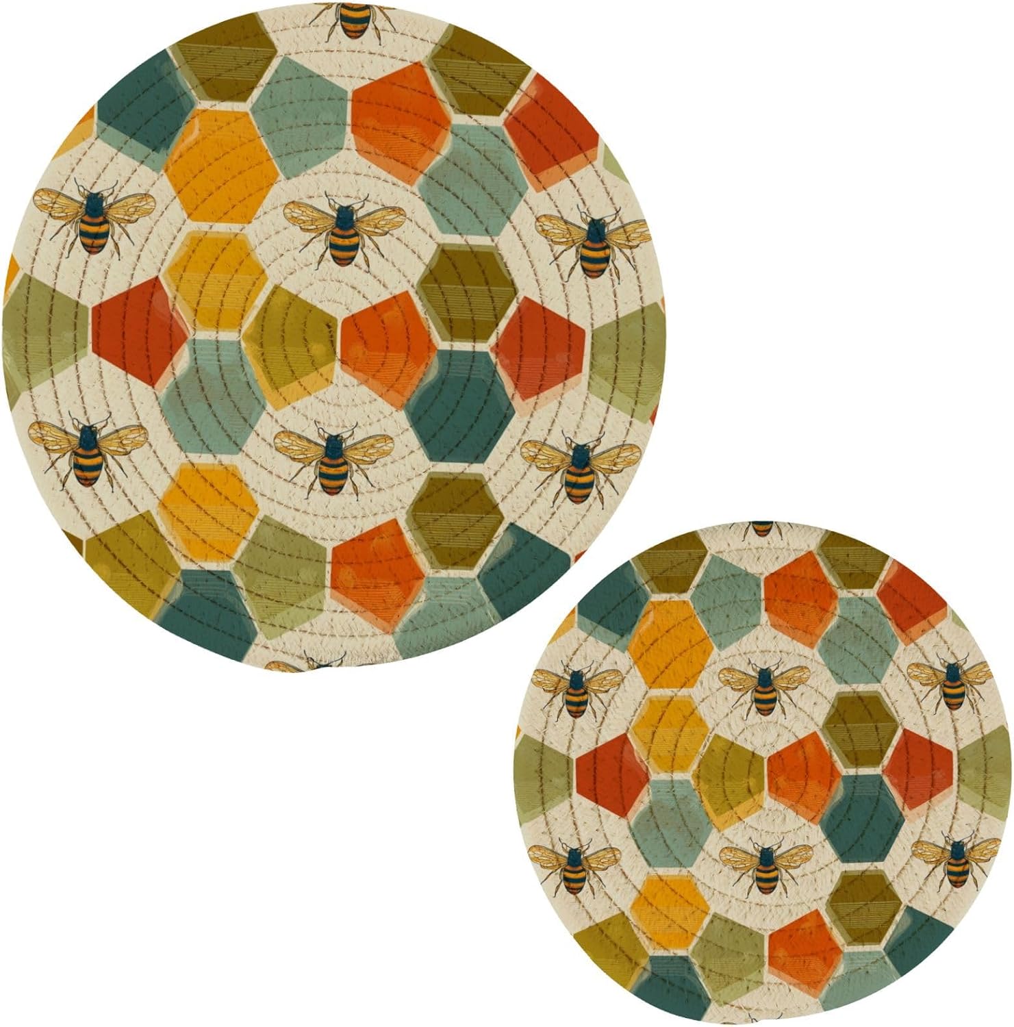 2 Pcs Woven Potholders Trivets Set for Kitchen, Retro Colors Honeycomb Bee Round Hot Mats Coasters Placemats Decor for Cooking Baking Hot Dish Pan Pot Bowl Teapot(7&9 Inches)