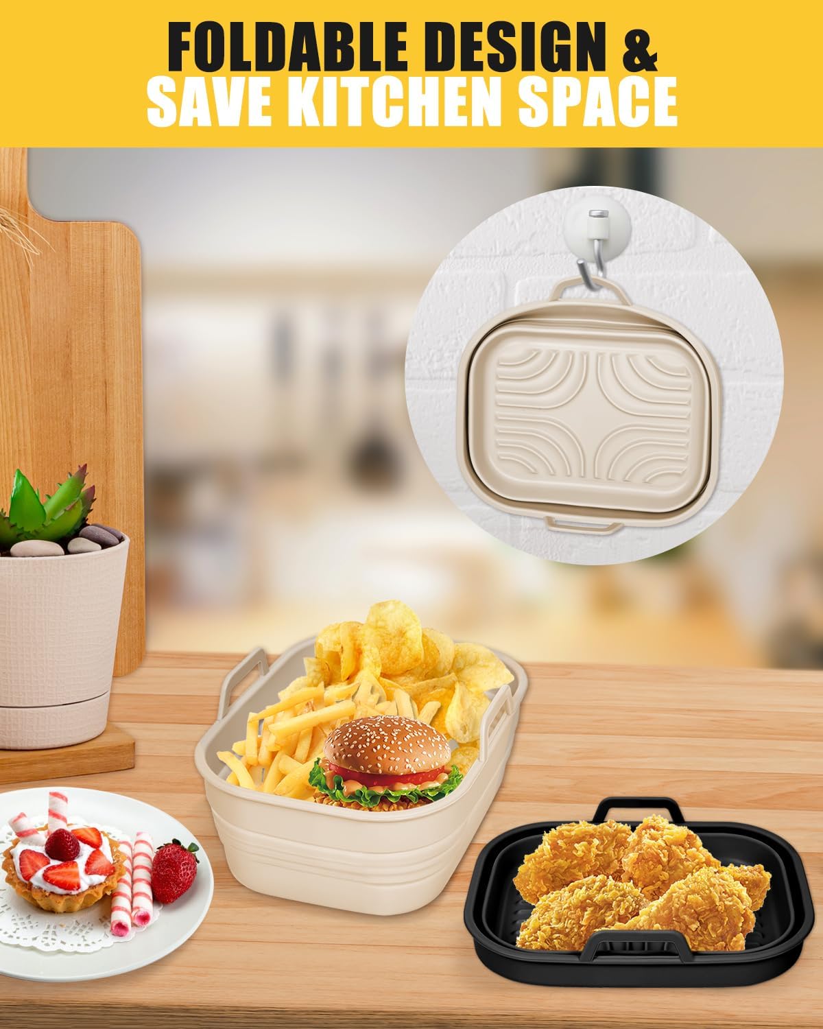 130Pcs Air Fryer Disposable Liners+ 2Pcs Collapsible Air Fryer Silicone Liners Sets for Ninja DZ201/DZ401/DZ550/DZ302, Rectangular Air Frier Baking Accessories for 8-10QT DualZone Basket Airfryer