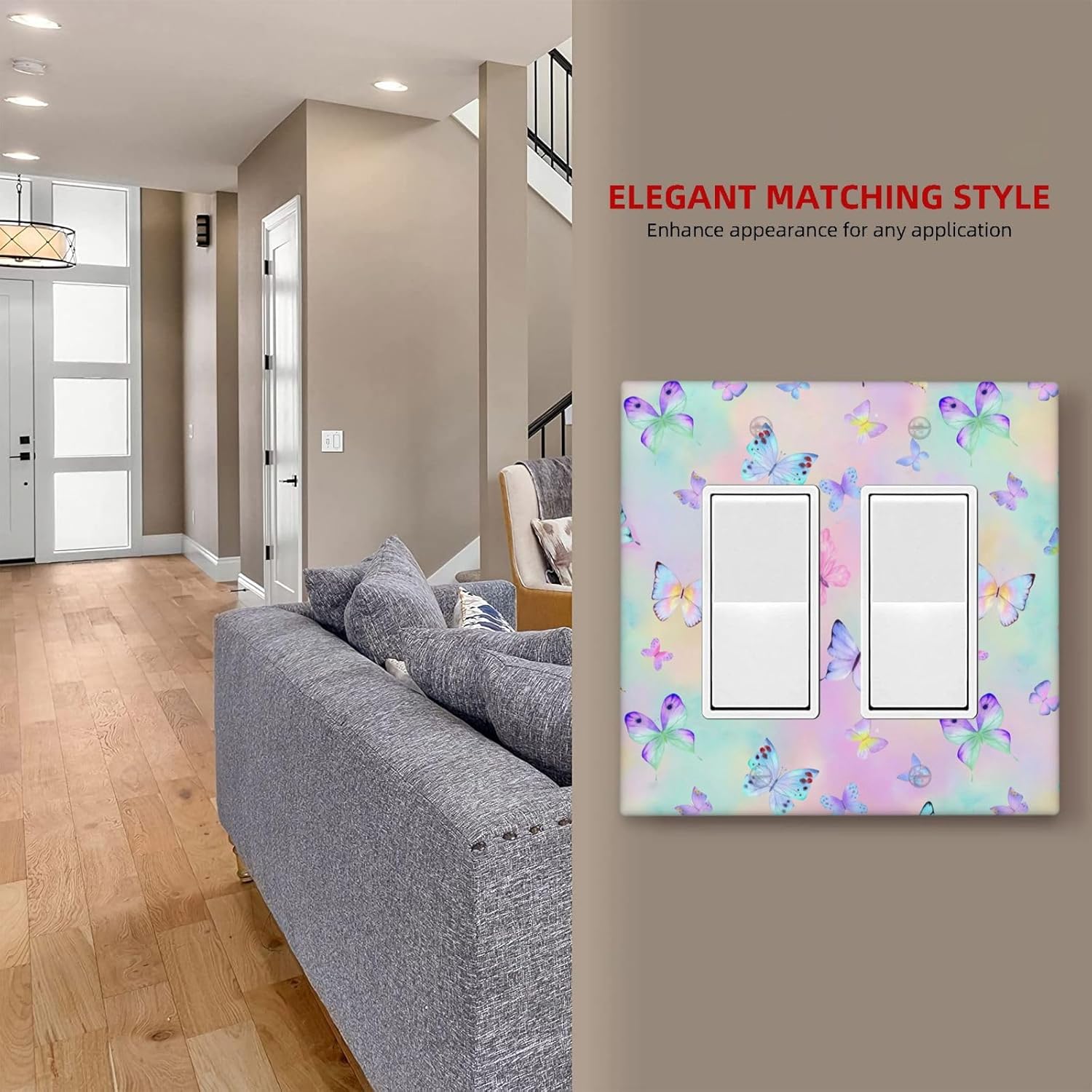 Purple Butterfly Light Switch Cover 2 Gang Double Rocker Colourful Wall Plate Decorative Lightswitch Receptacle Outlet Switchplate Faceplate for Bathroom Kitchen Girls Bedroom